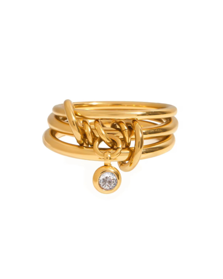 Yomi + Calendula-Gold Stack Ring with Drop diamond Pave