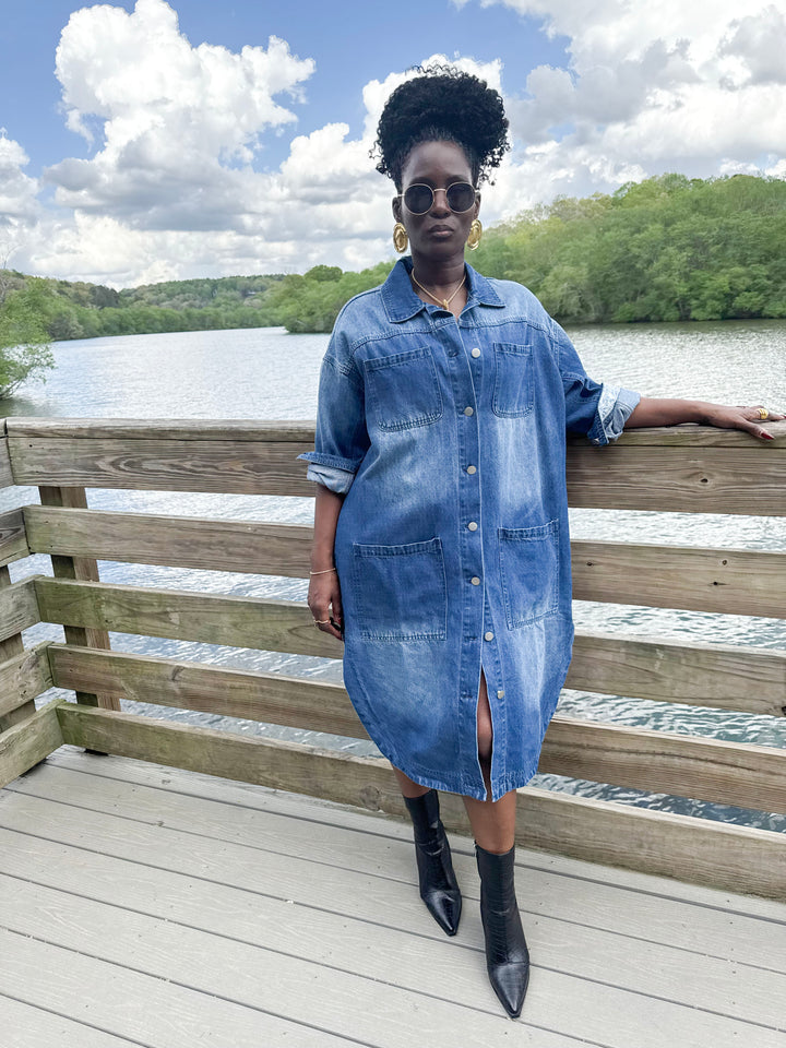 Yomi + Calendula Mid-Length Button Down Denim Shirt Dress