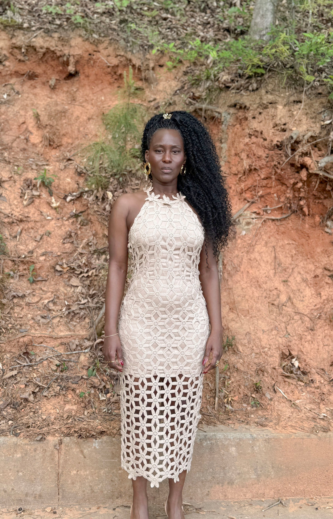 Yomi + Calendula Nude Laser Cut-Out Pencil Dress