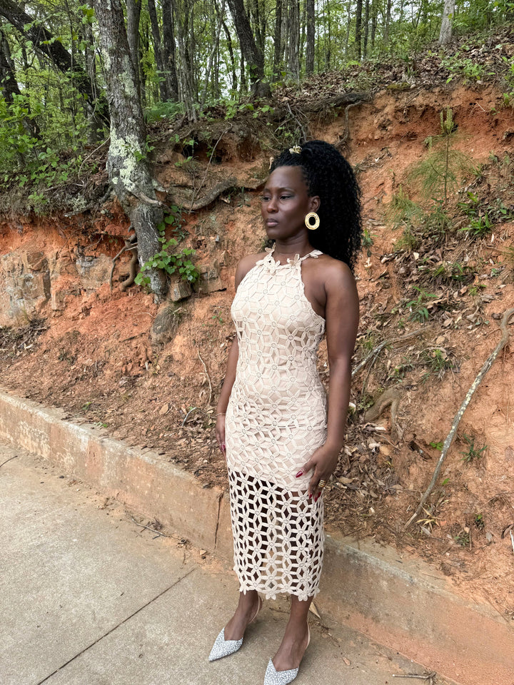 Yomi + Calendula Nude Laser Cut-Out Pencil Dress