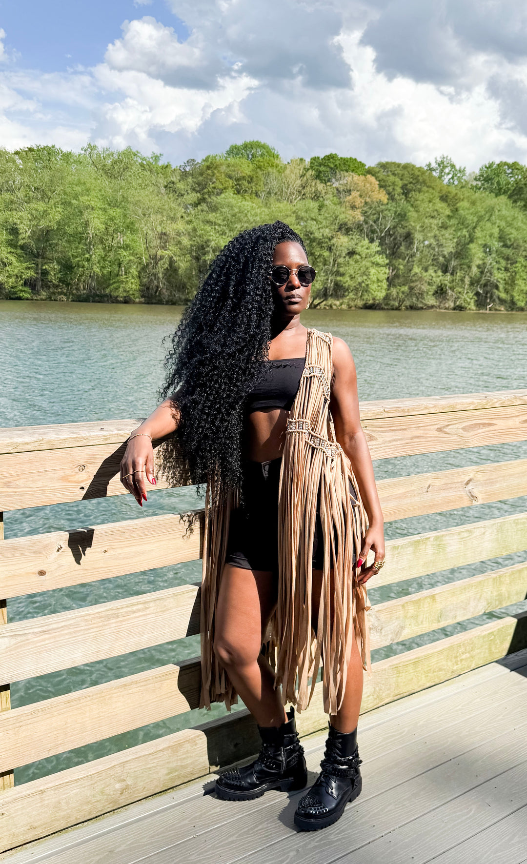 Yomi + Calendula Mocha silver beaded Fringe Vest