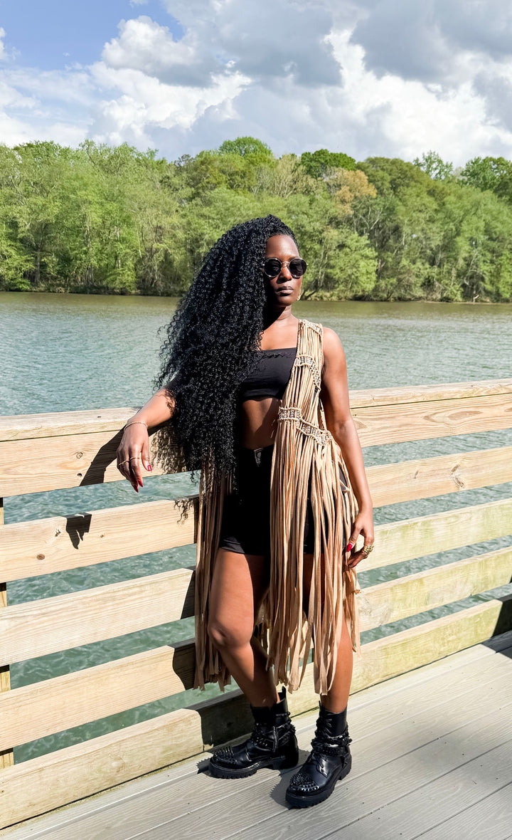 Yomi + Calendula Mocha silver beaded Fringe Vest