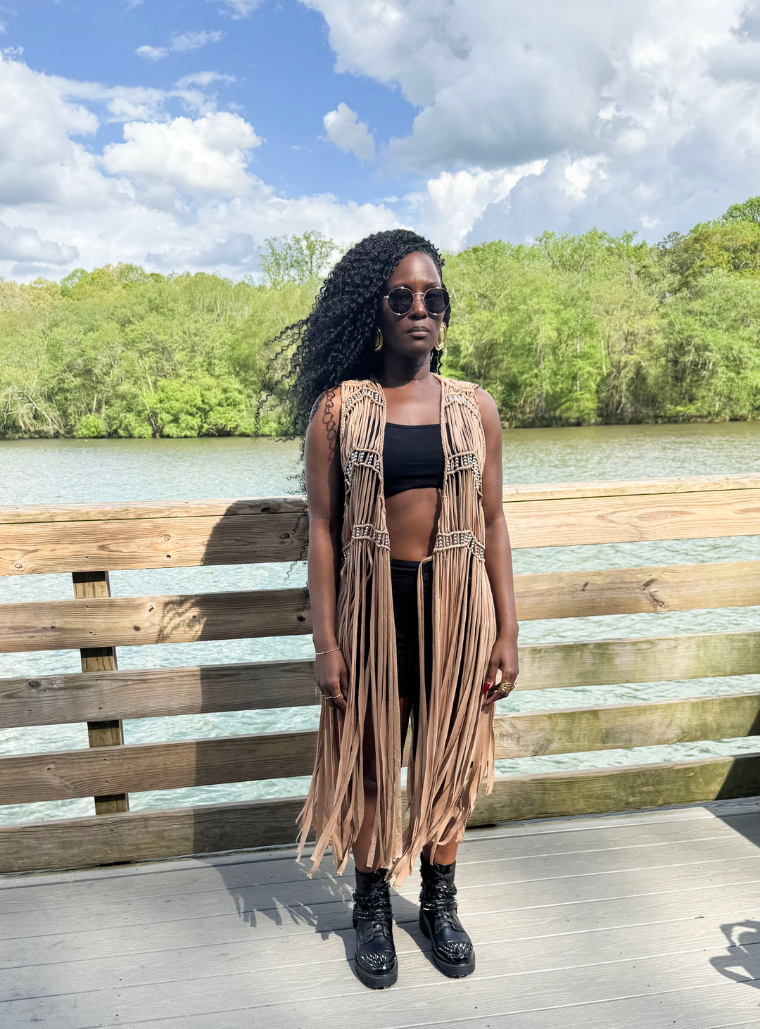Yomi + Calendula Mocha silver beaded Fringe Vest