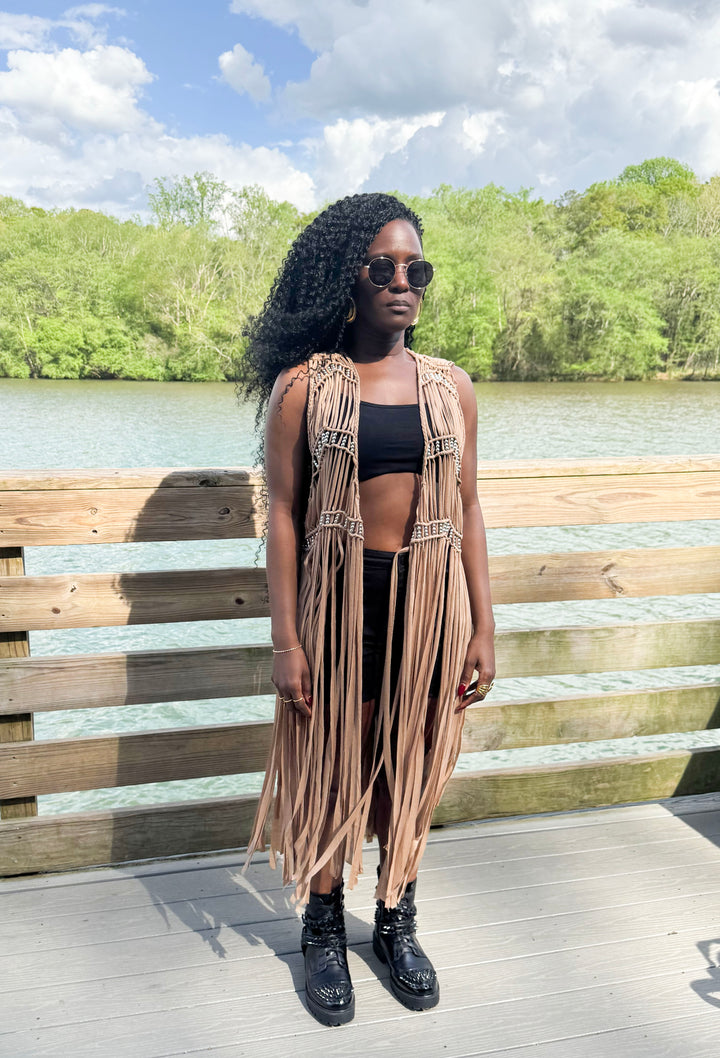 Yomi + Calendula Mocha silver beaded Fringe Vest