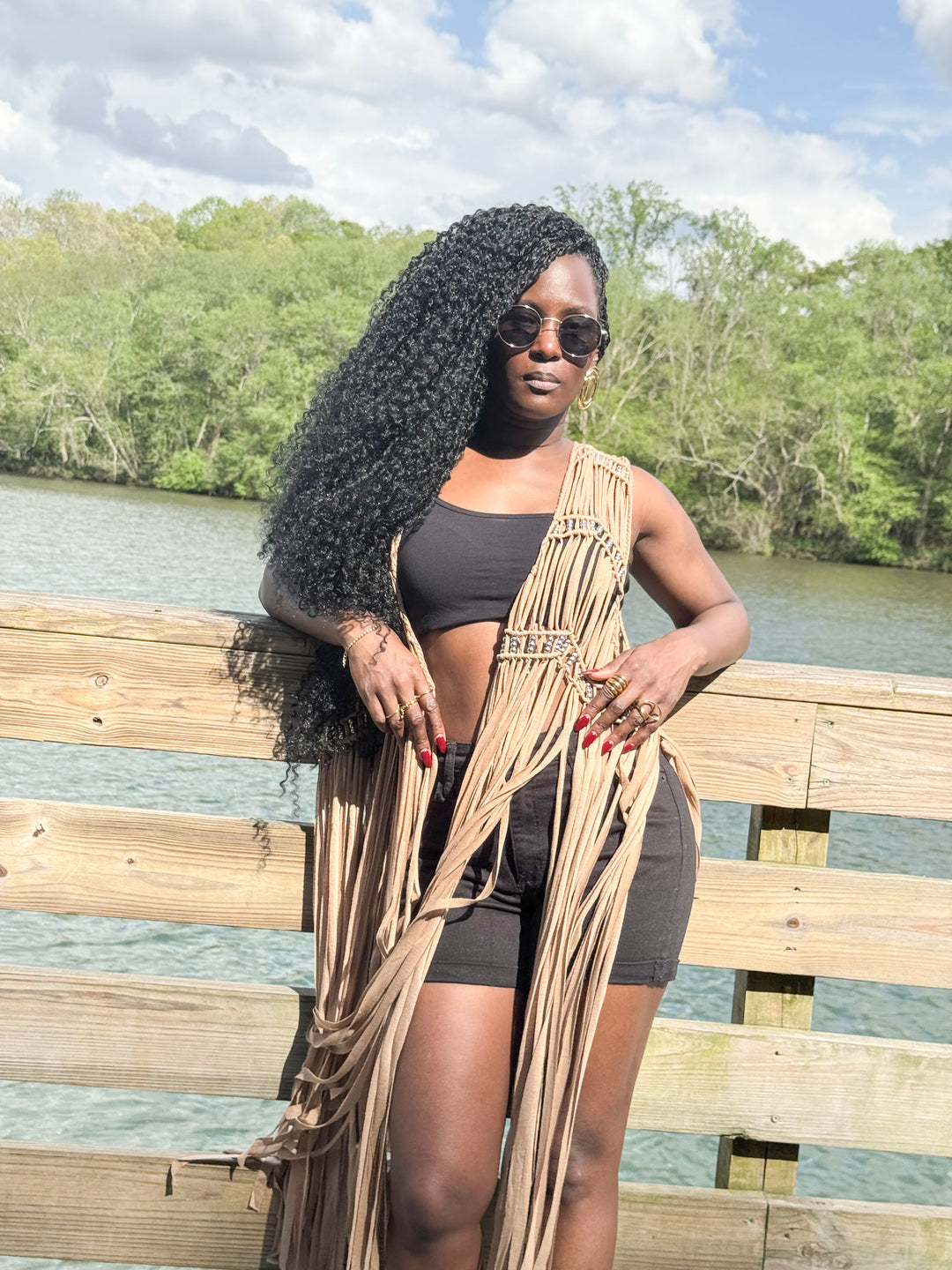 Yomi + Calendula Mocha silver beaded Fringe Vest