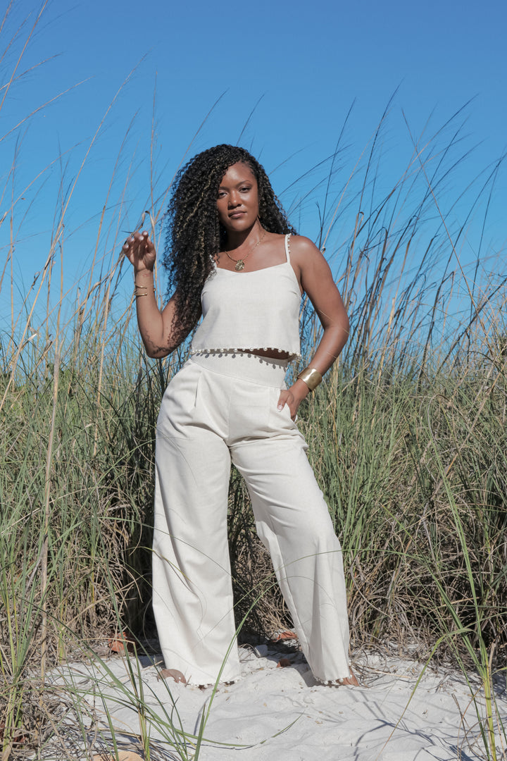 Yomi + Calendula Off-White Canvas Pearl Detail Pant Set