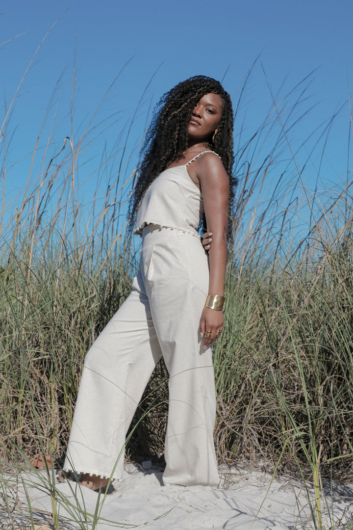 Yomi + Calendula Off-White Canvas Pearl Detail Pant Set