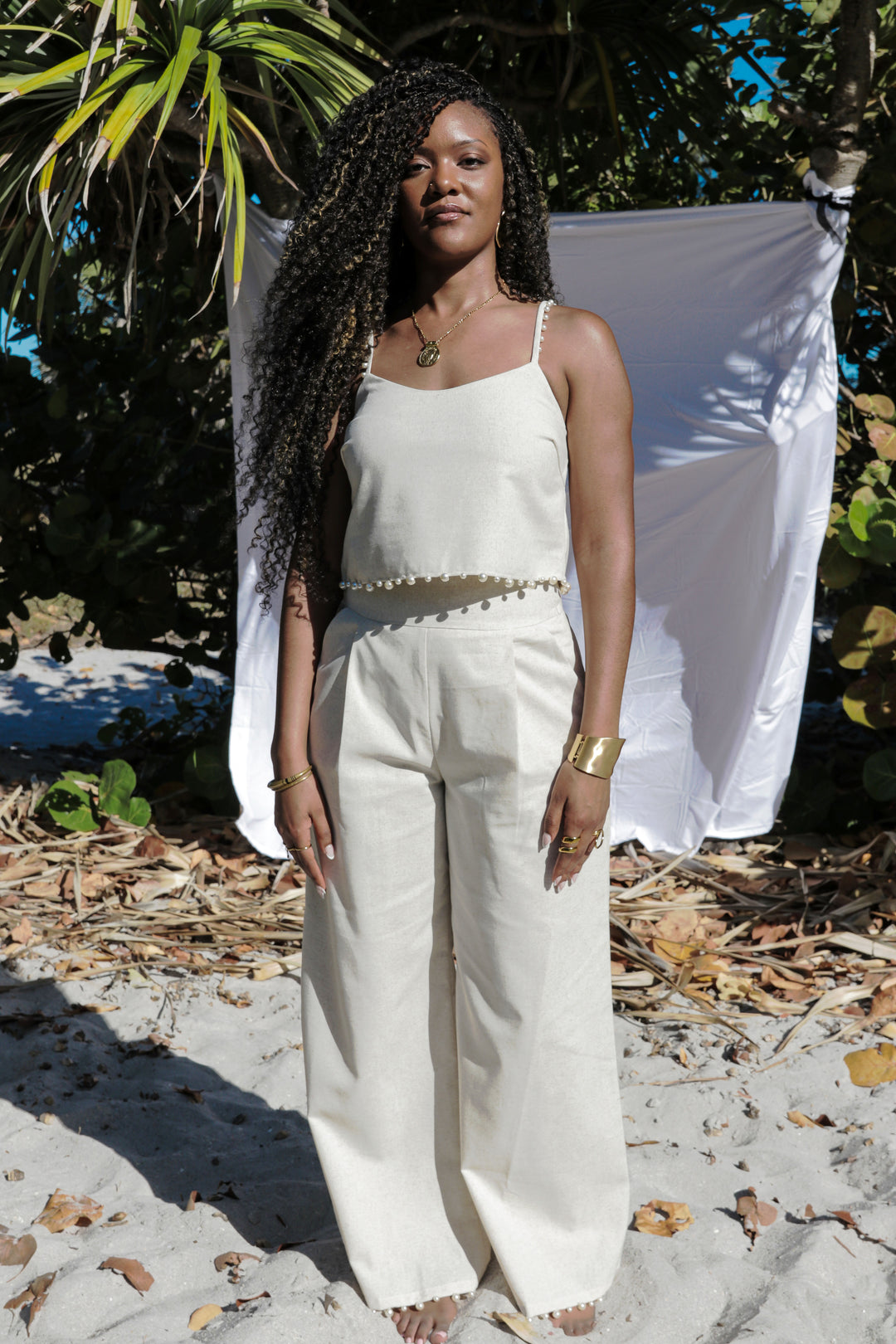Yomi + Calendula Off-White Canvas Pearl Detail Pant Set