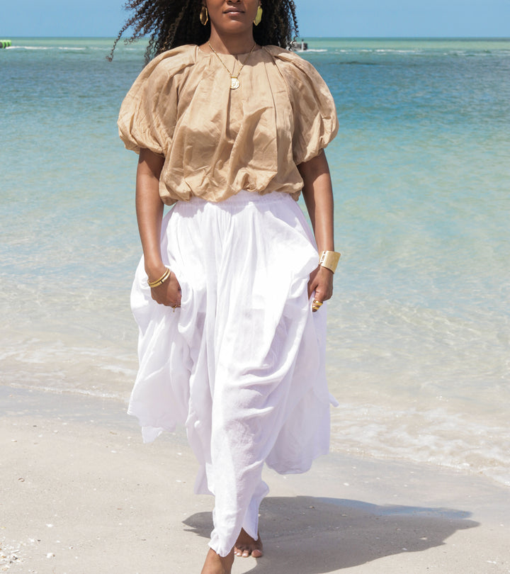 Yomi + Calendula Hand-Dyed Caramel Italian Pleated Blouson