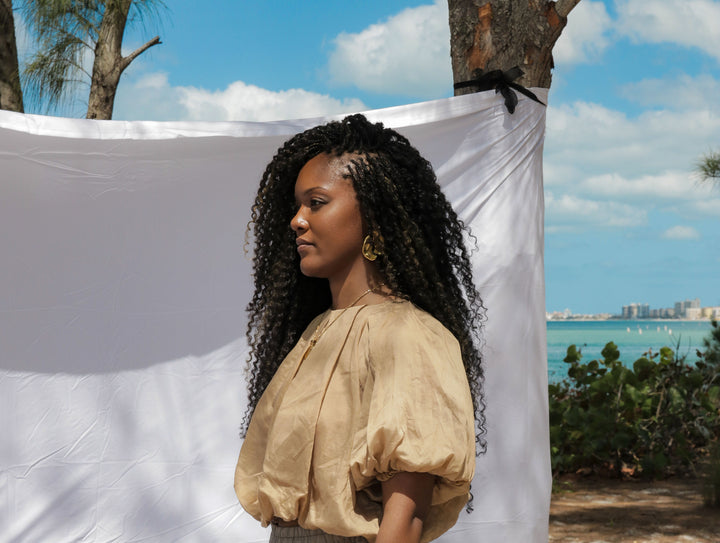 Yomi + Calendula Hand-Dyed Caramel Italian Pleated Blouson
