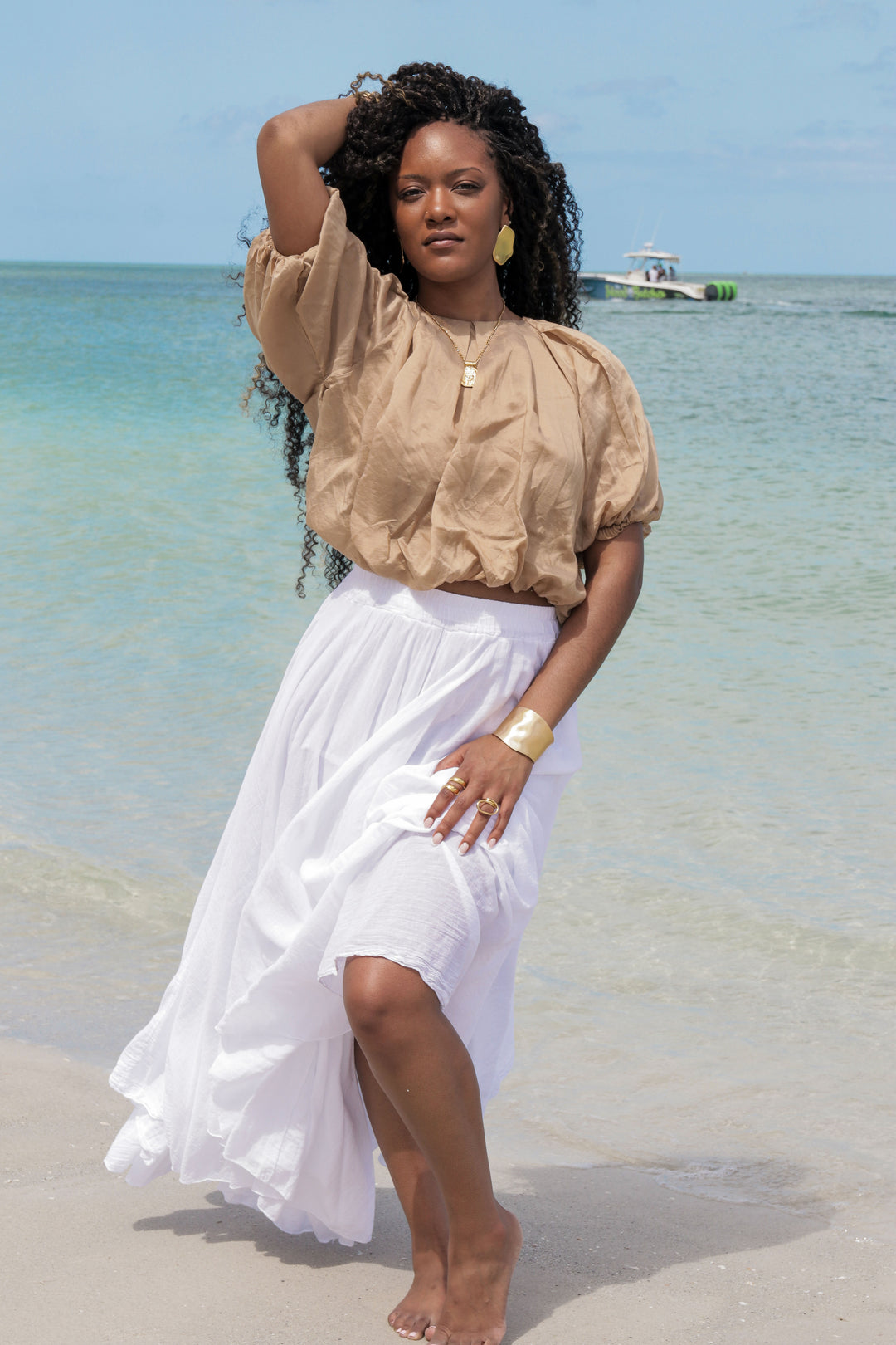 Yomi + Calendula Hand-Dyed Caramel Italian Pleated Blouson