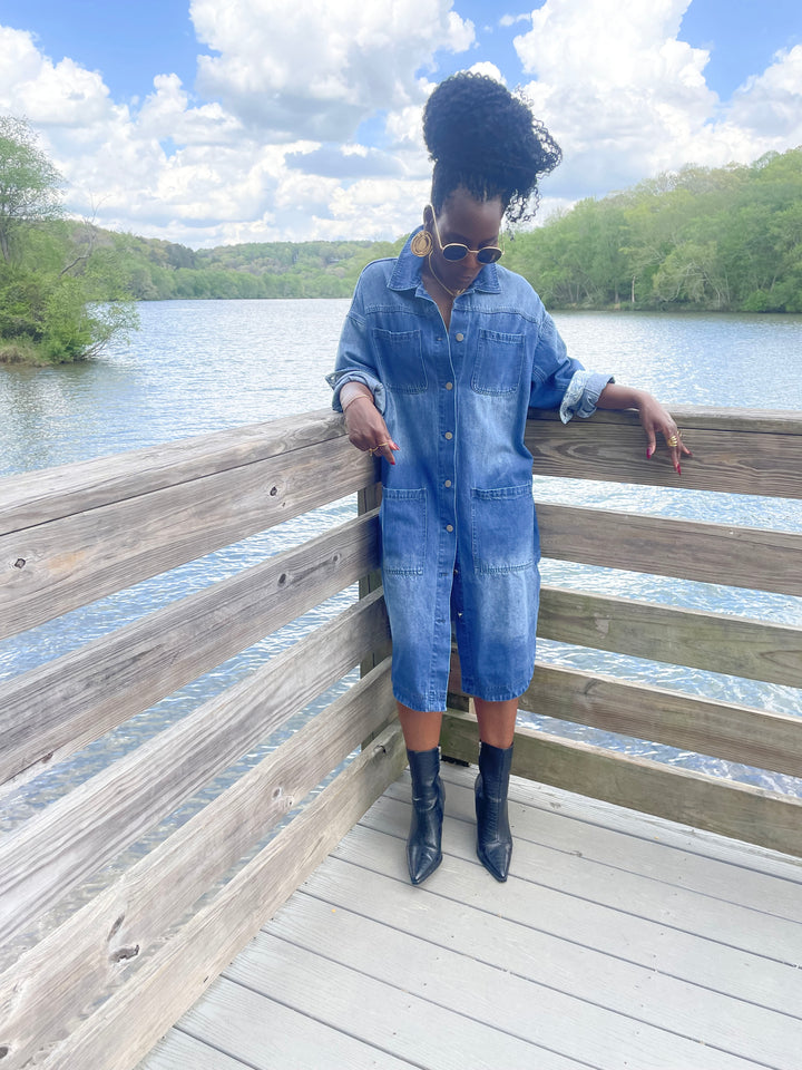 Yomi + Calendula Mid-Length Button Down Denim Shirt Dress