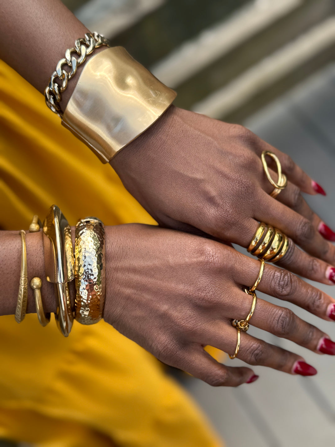 Yomi + Calendula-Gold Stack Ring with Drop diamond Pave