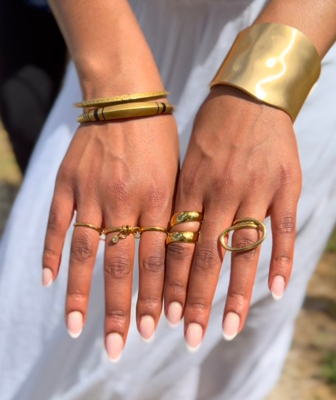 Yomi + Calendula-Gold Stack Ring with Drop diamond Pave